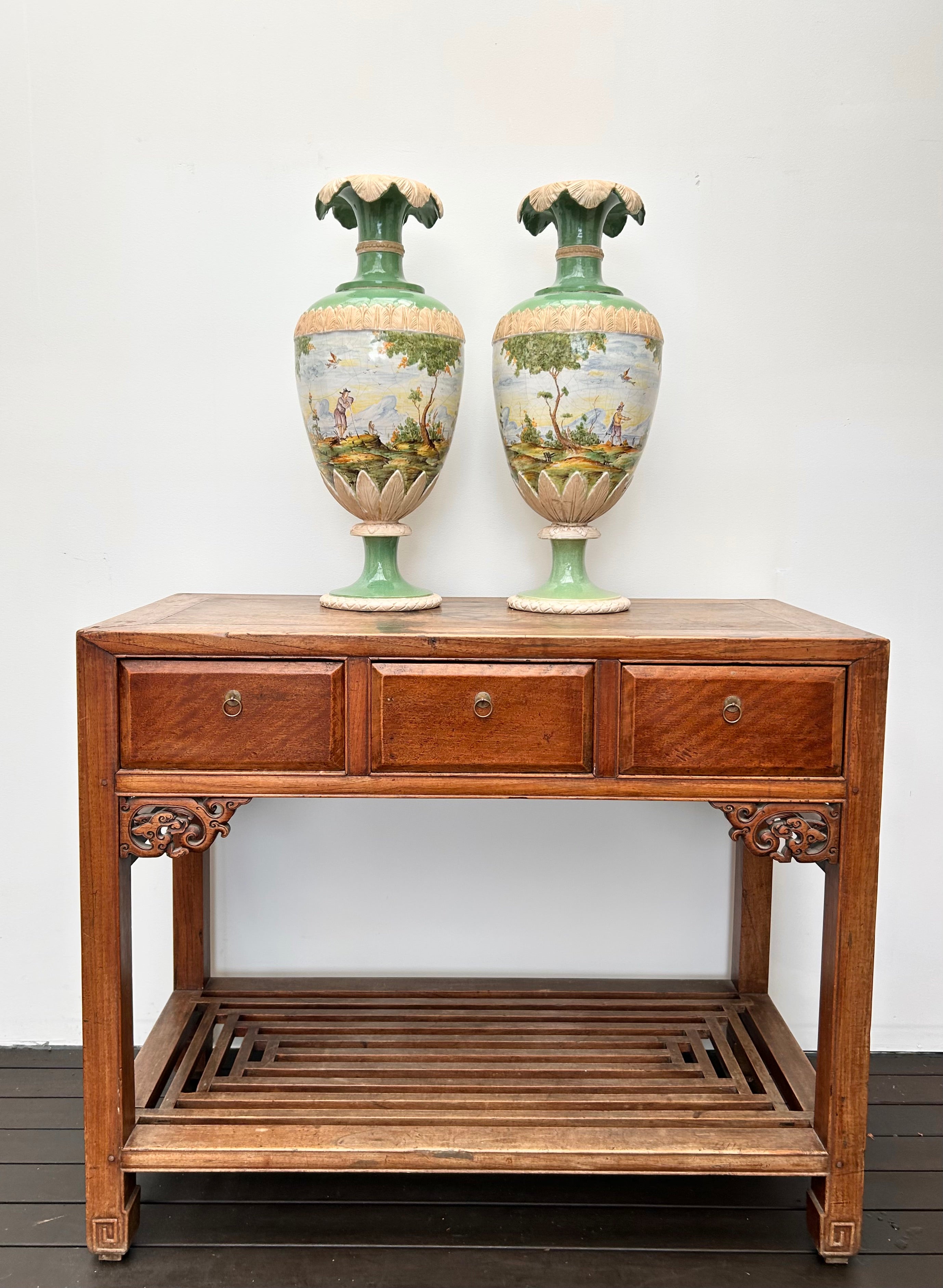 Pair of Large Antique Continental Majolica Vases SOLD