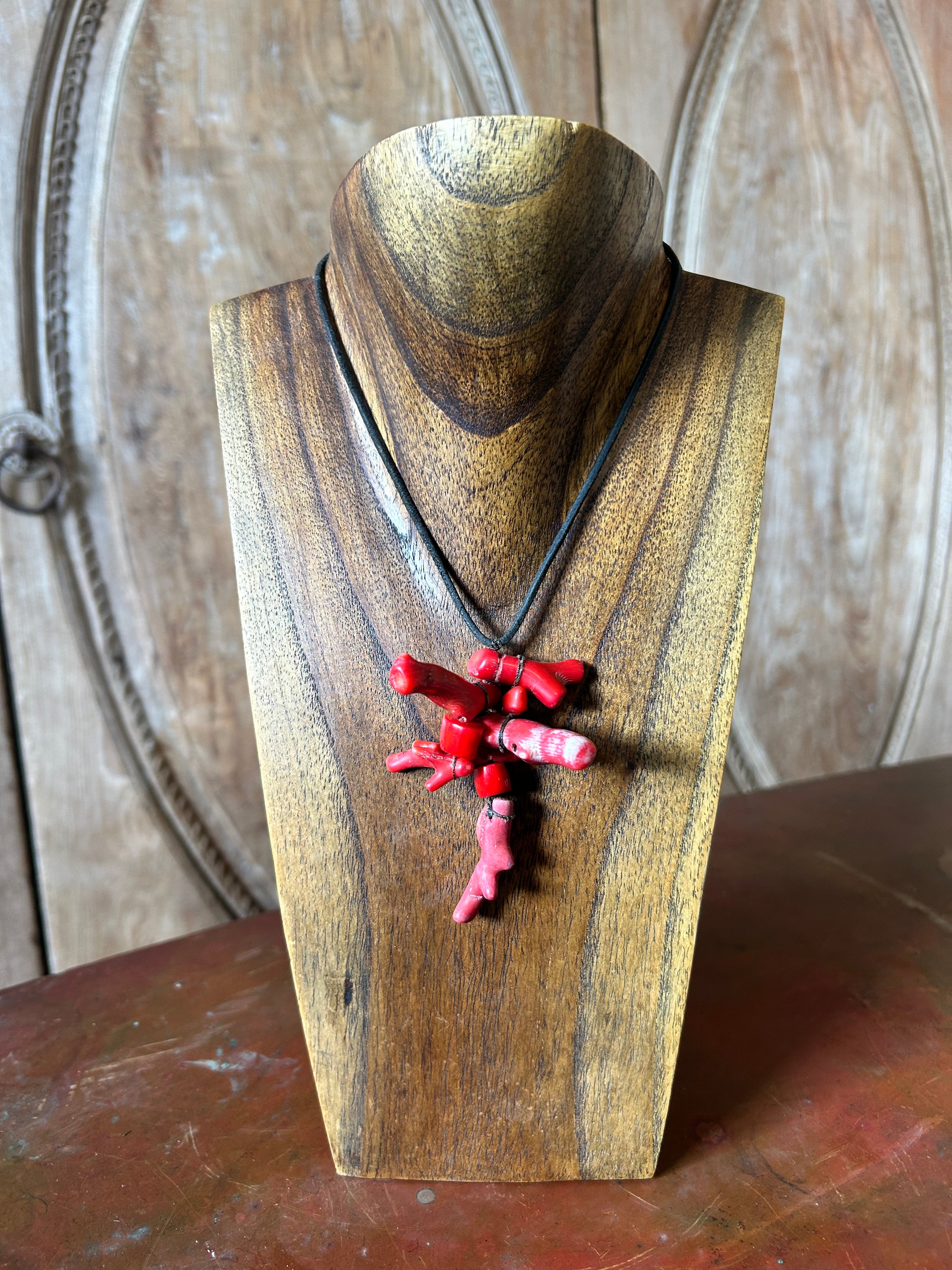 Natural Red Coral beads on leather cord necklace