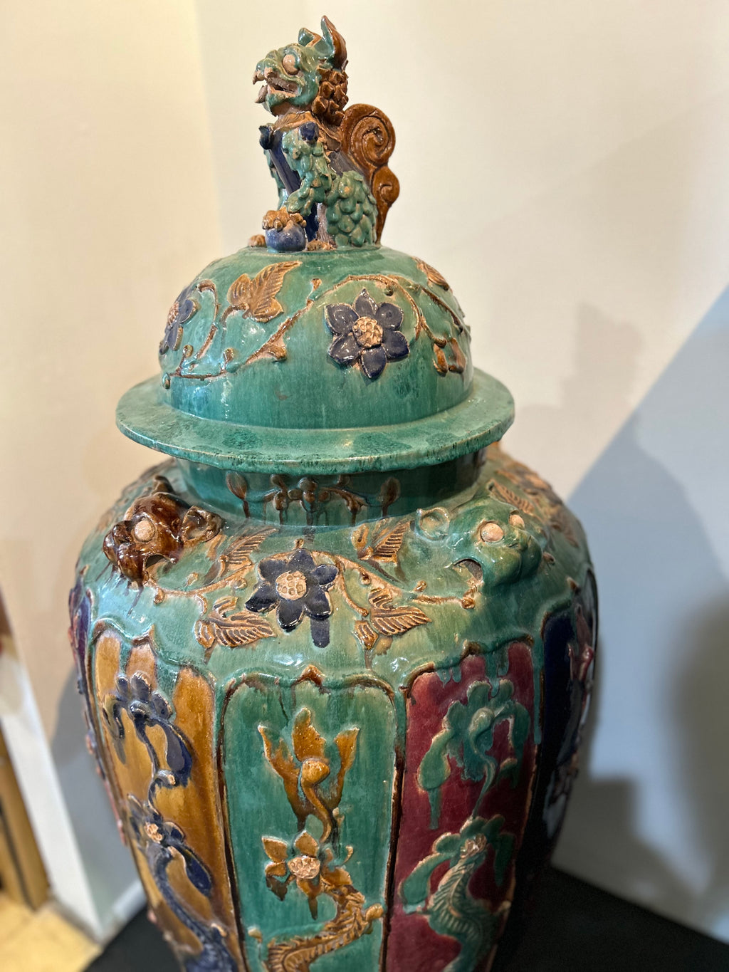 Large Chinese Sancai Lidded Floor Vase
