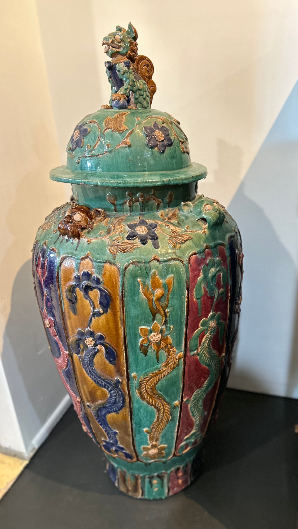Large Chinese Sancai Lidded Floor Vase