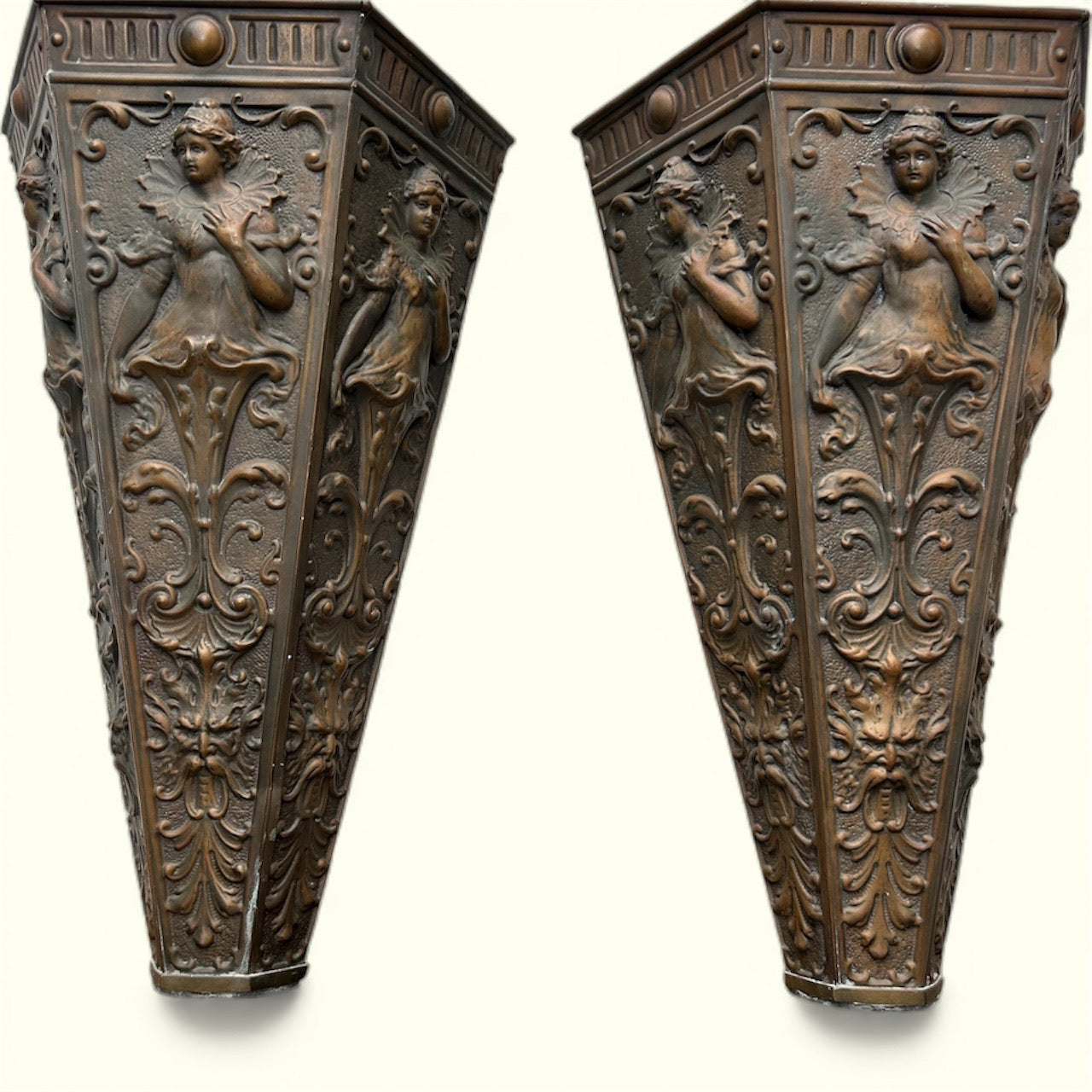 Pair Art Nouveau Repoussé Copper Wall Sconces / Vases / Torcheres