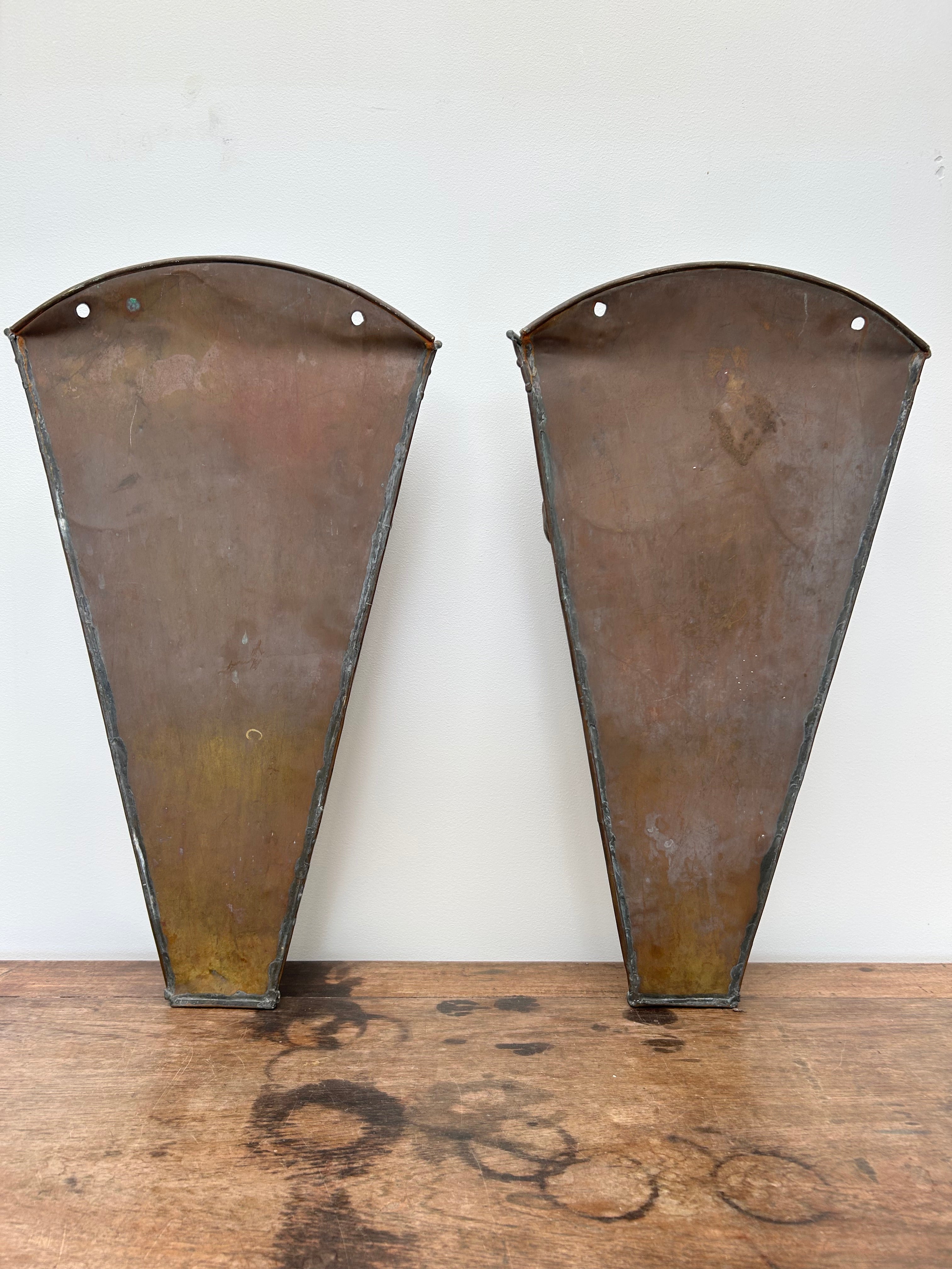 Pair Art Nouveau Repoussé Copper Wall Sconces / Vases / Torcheres