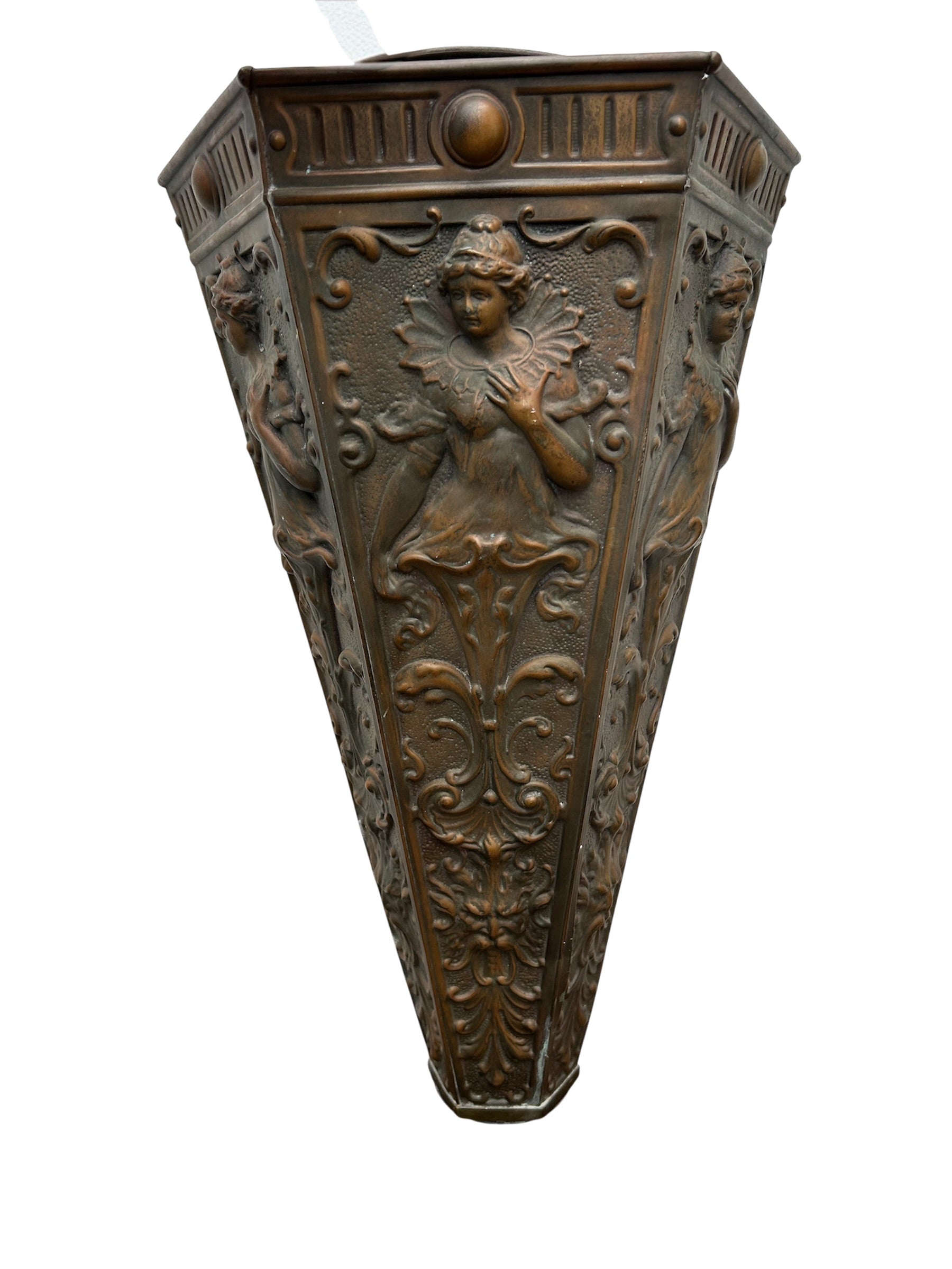 Pair Art Nouveau Repoussé Copper Wall Sconces / Vases / Torcheres