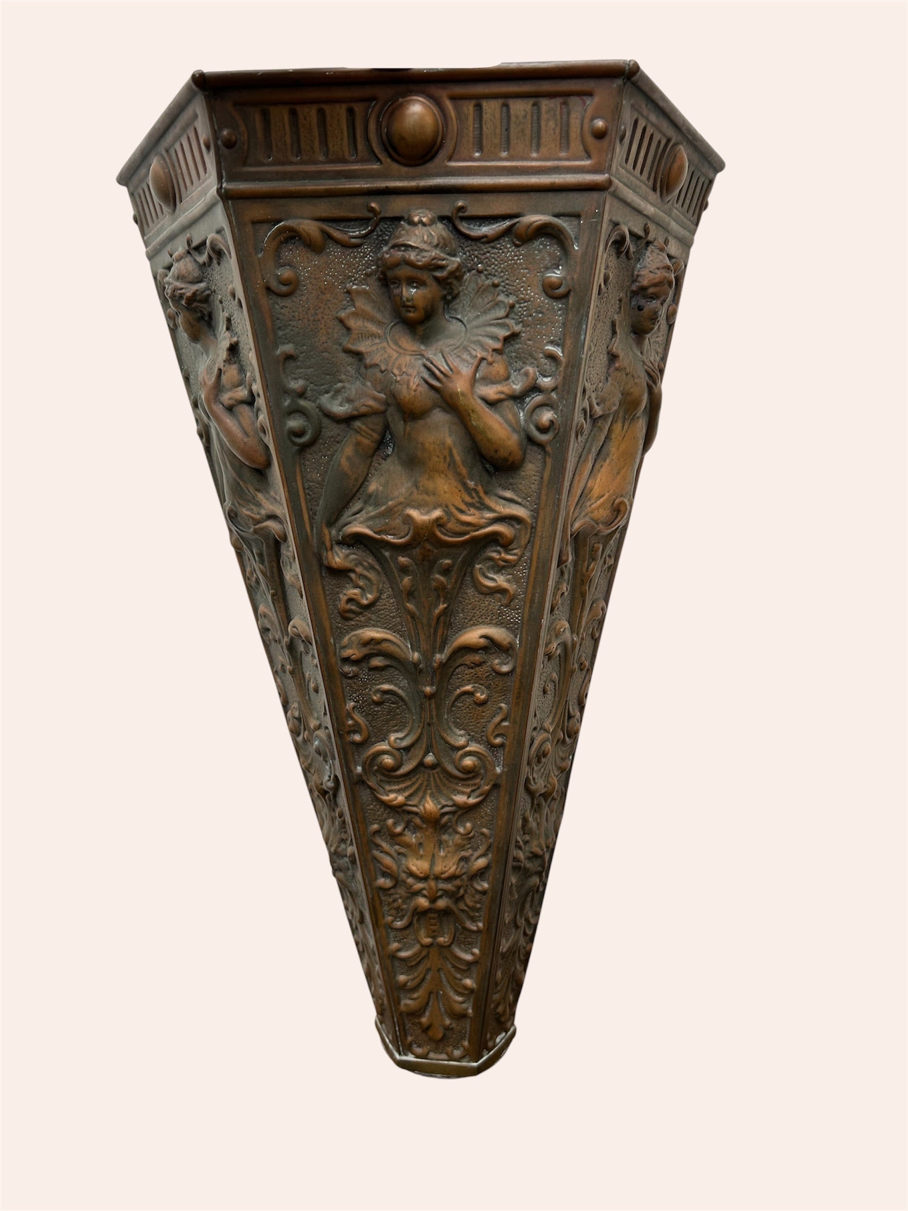 Pair Art Nouveau Repoussé Copper Wall Sconces / Vases / Torcheres