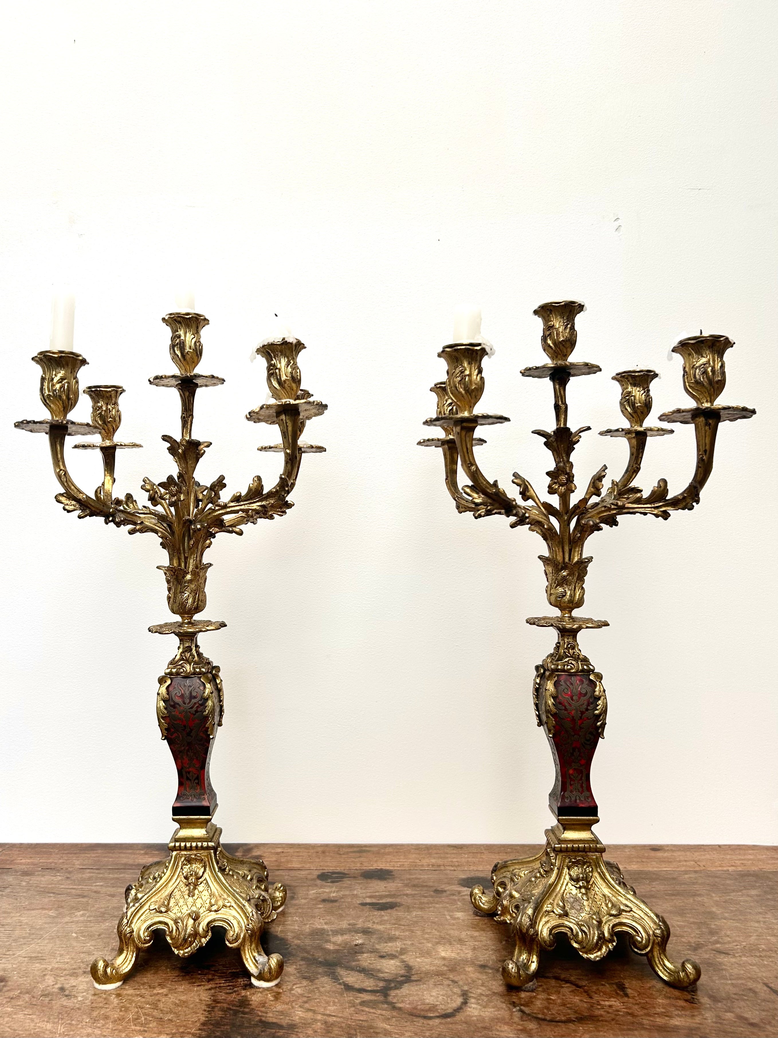 Pair French 19th century Gilt and Boulle Candelabras
