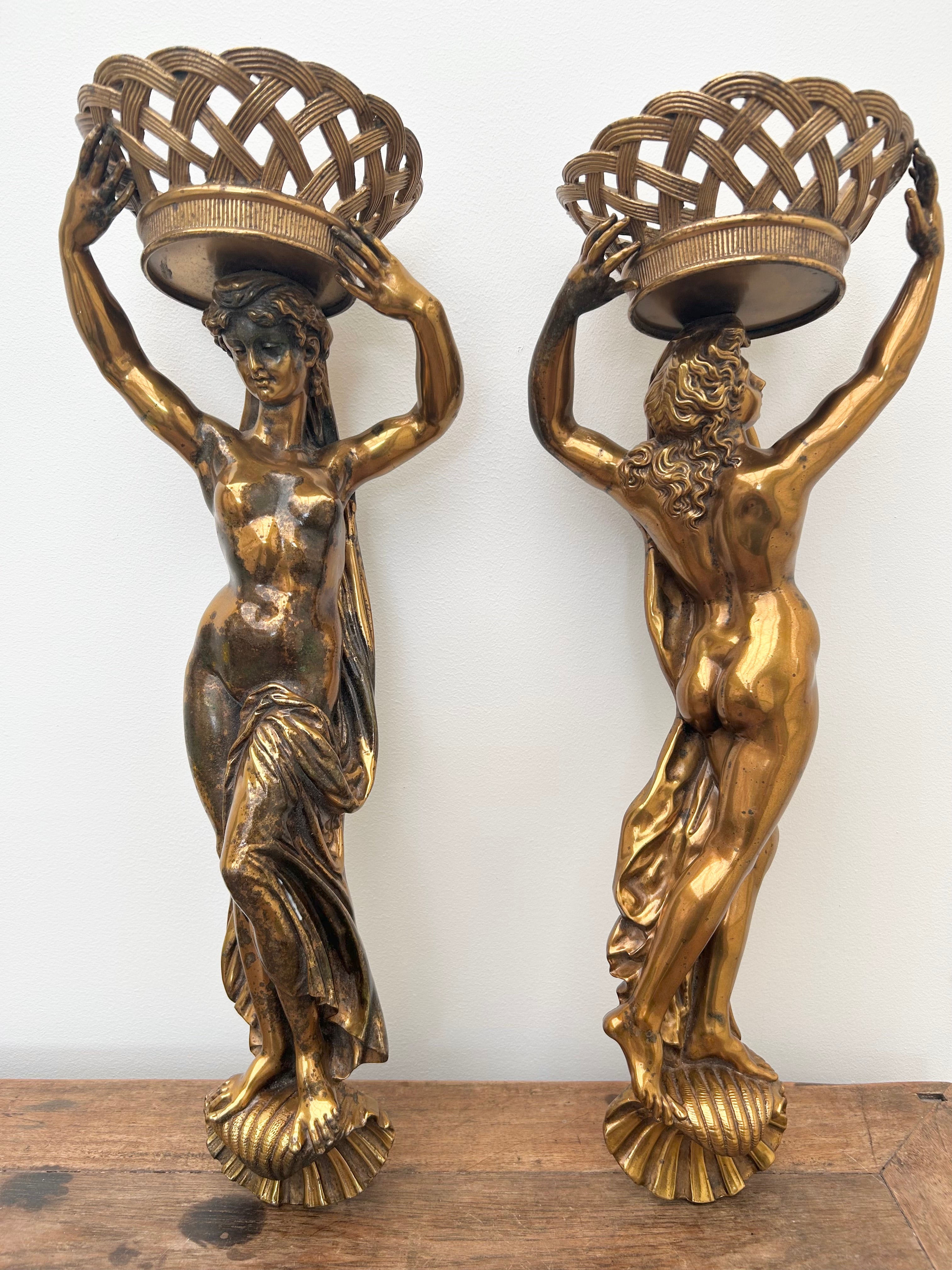 Pair antique Empire style Gilt bronze Female maiden wall sonces