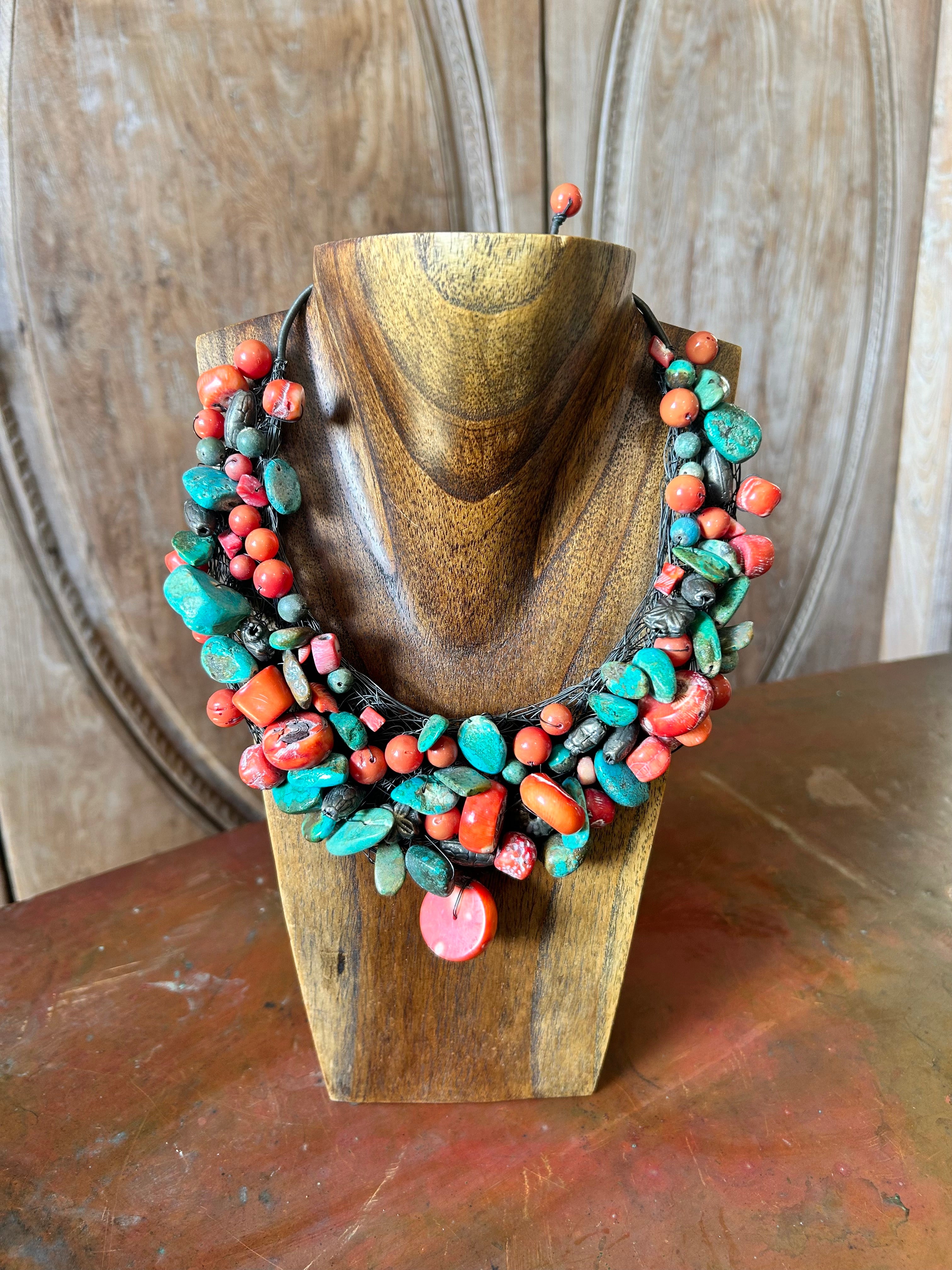 Turquoise, red coral and carnelian necklace