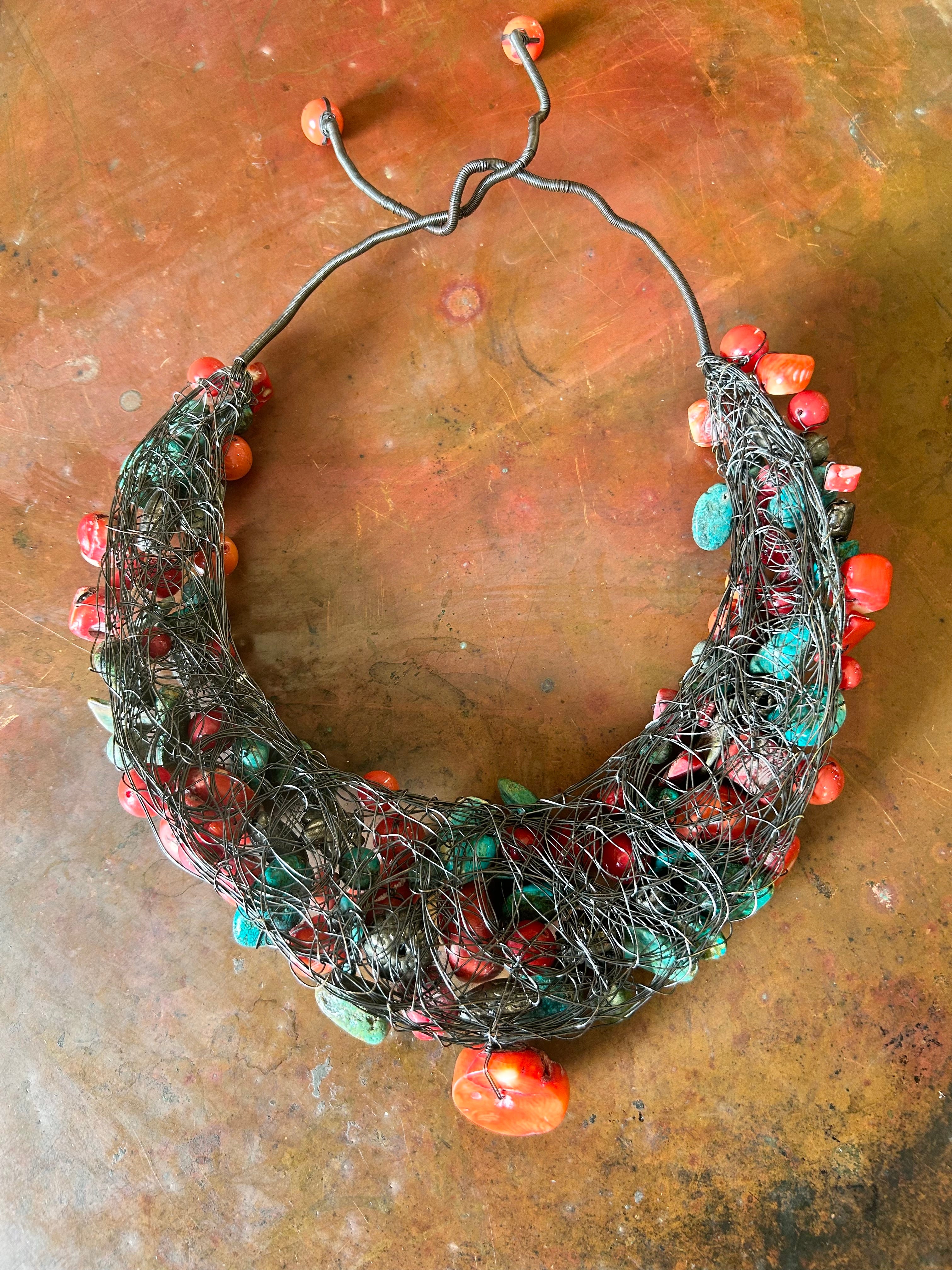 Turquoise, red coral and carnelian necklace