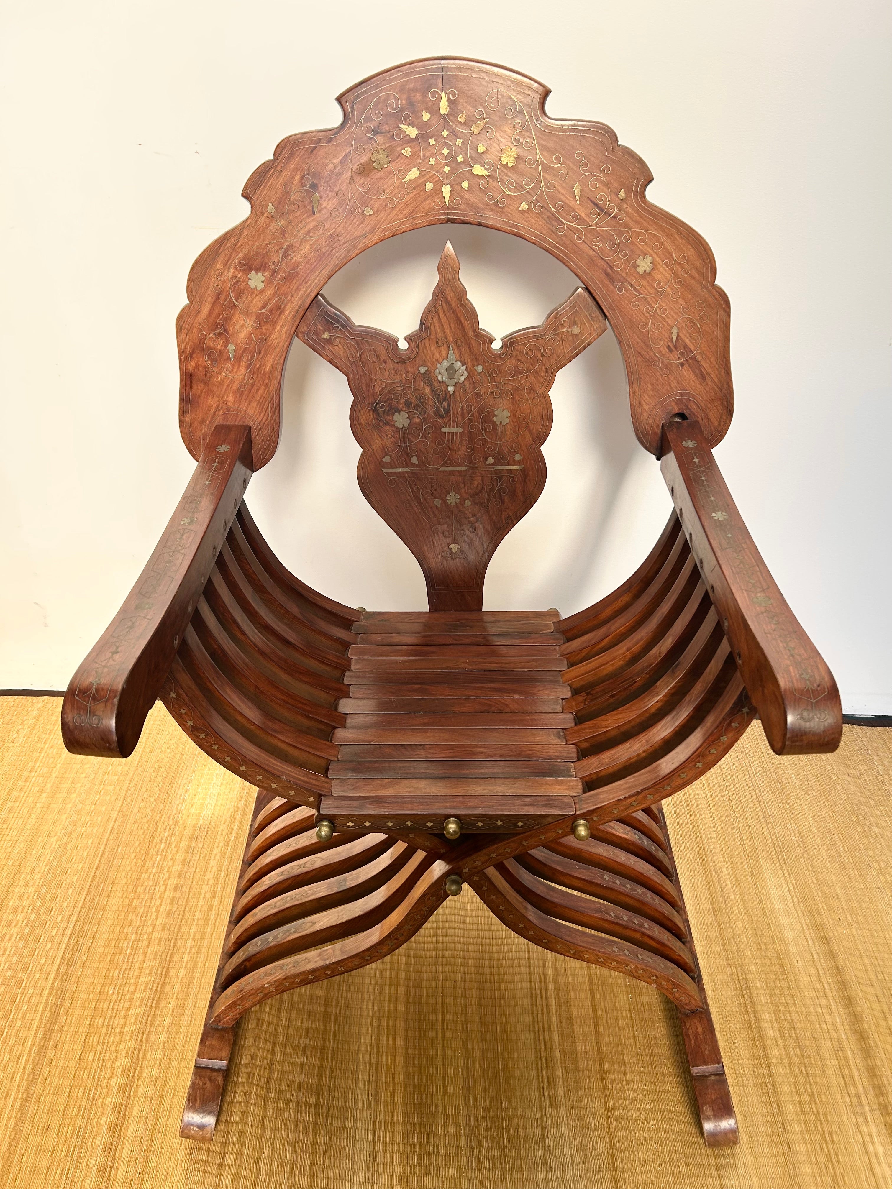 Vintage timber Savonarola Chair with brass inlay