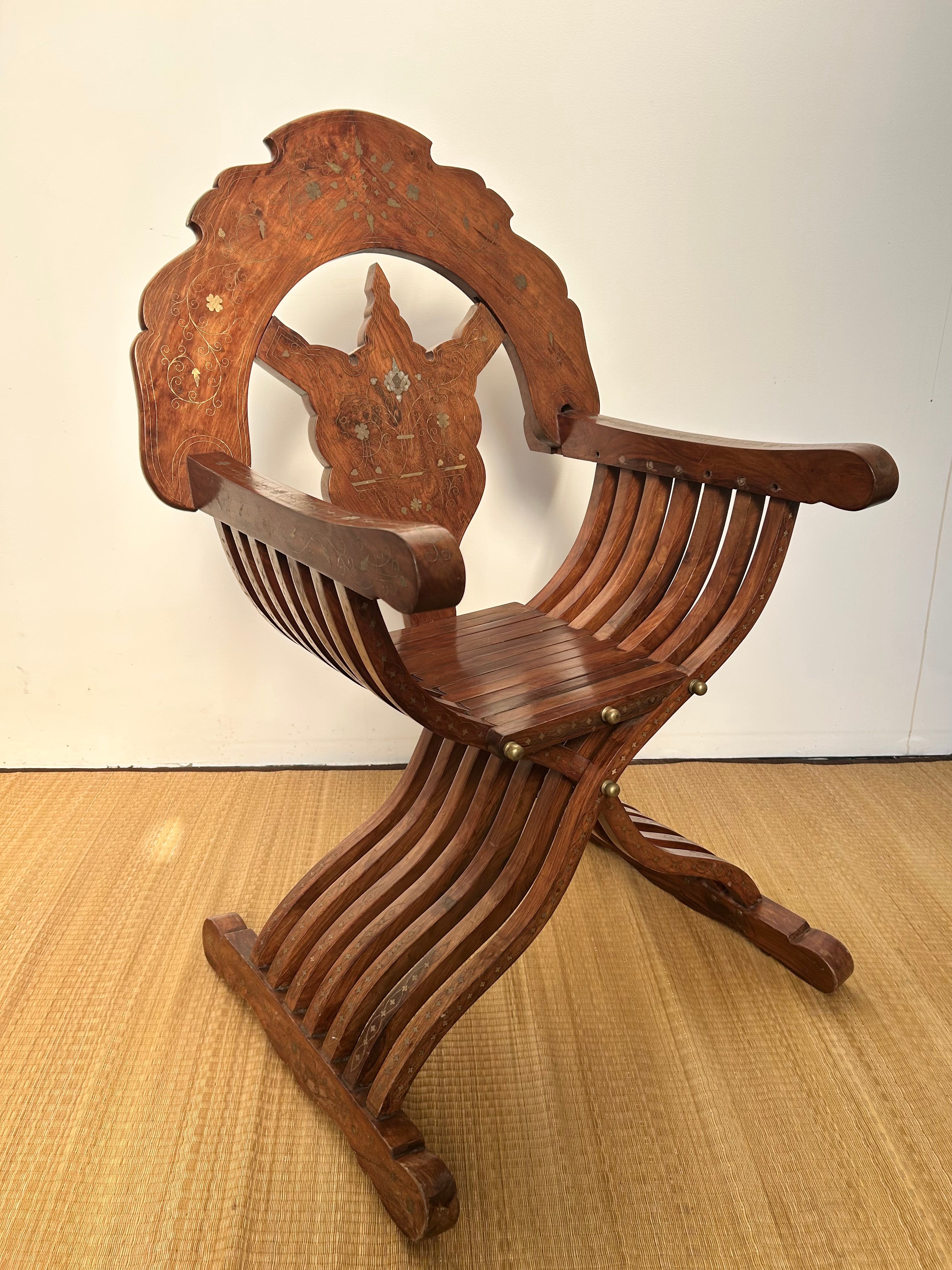 Vintage timber Savonarola Chair with brass inlay