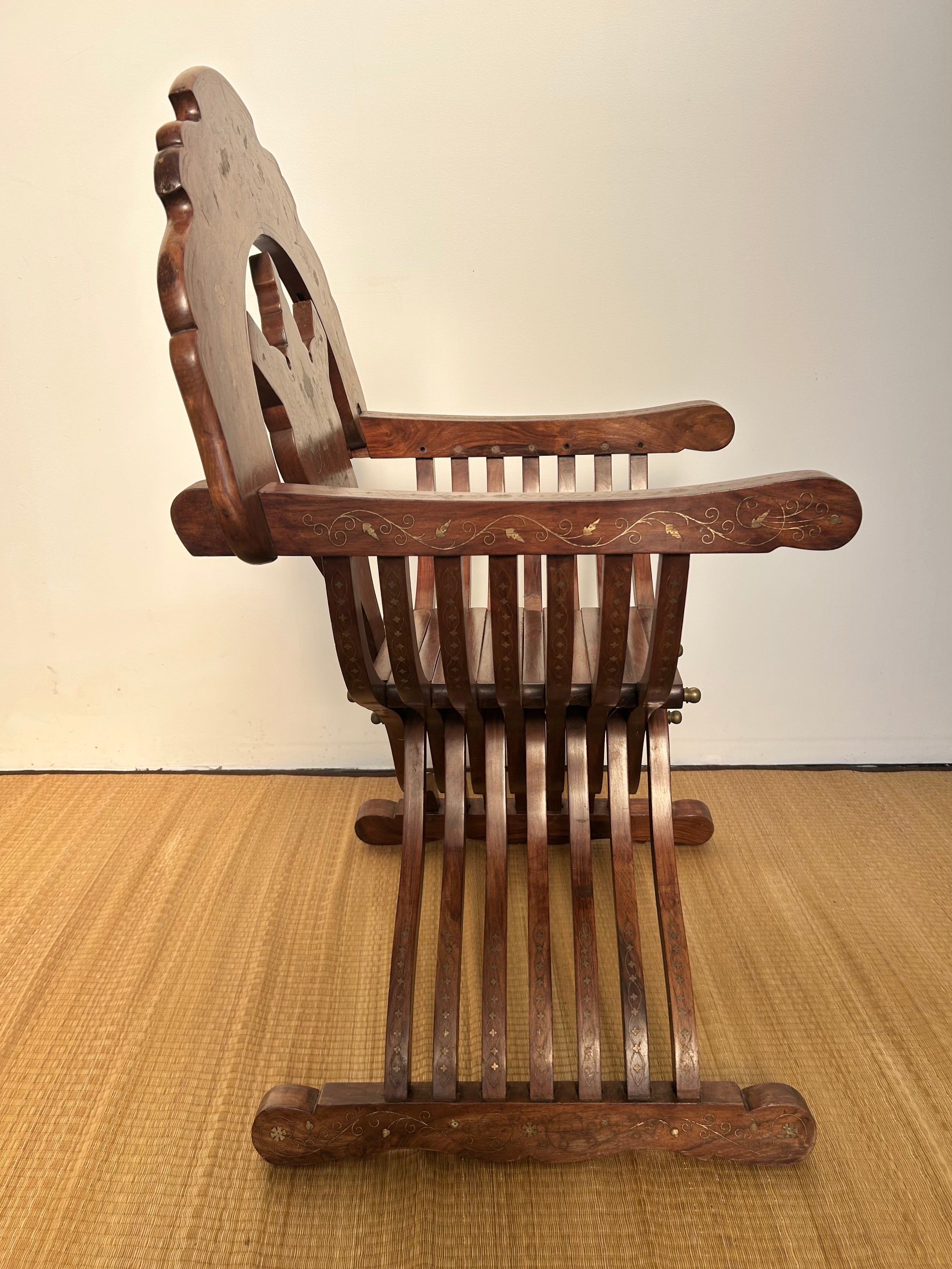 Vintage timber Savonarola Chair with brass inlay