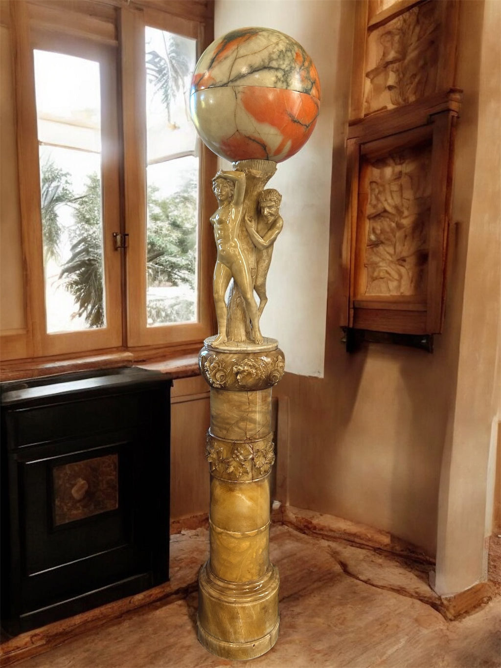 Italian Carved Alabaster Monumental Lamp with Pan and Aphrodite