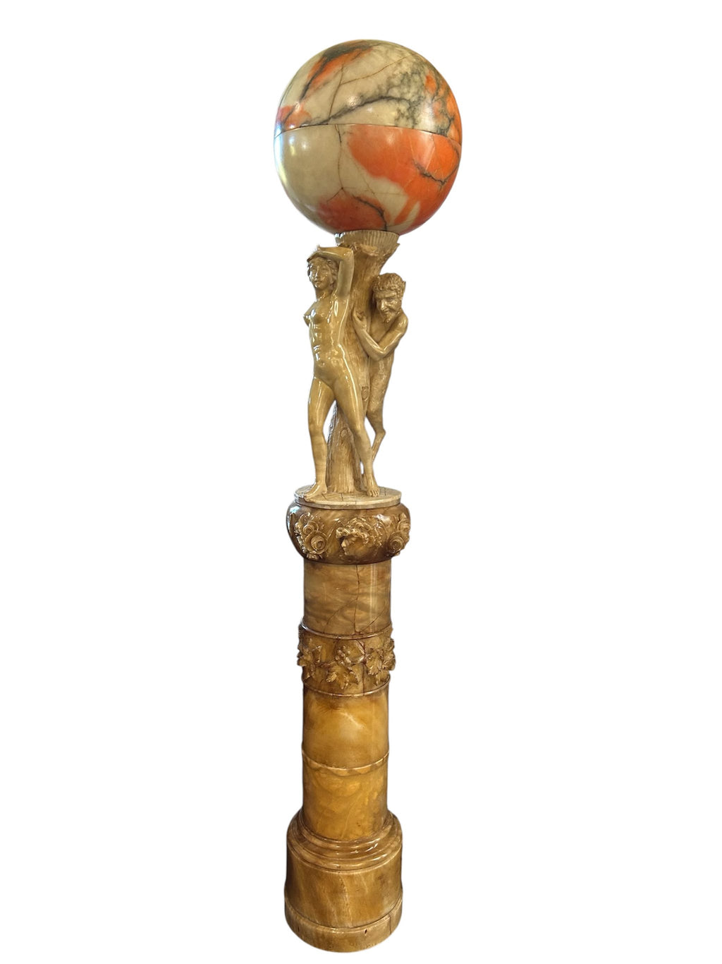Italian Carved Alabaster Monumental Lamp with Pan and Aphrodite