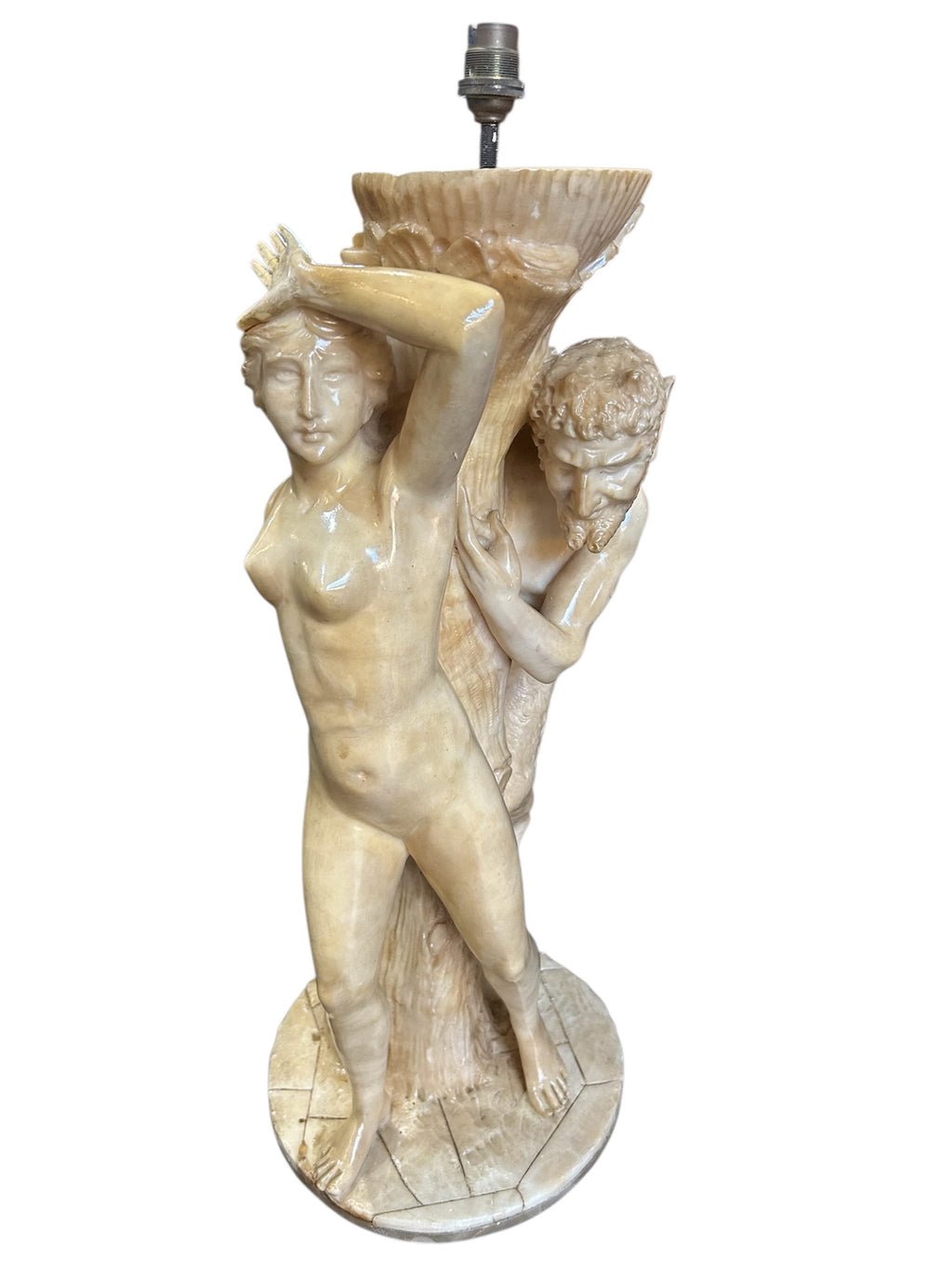 Italian Carved Alabaster Monumental Lamp with Pan and Aphrodite