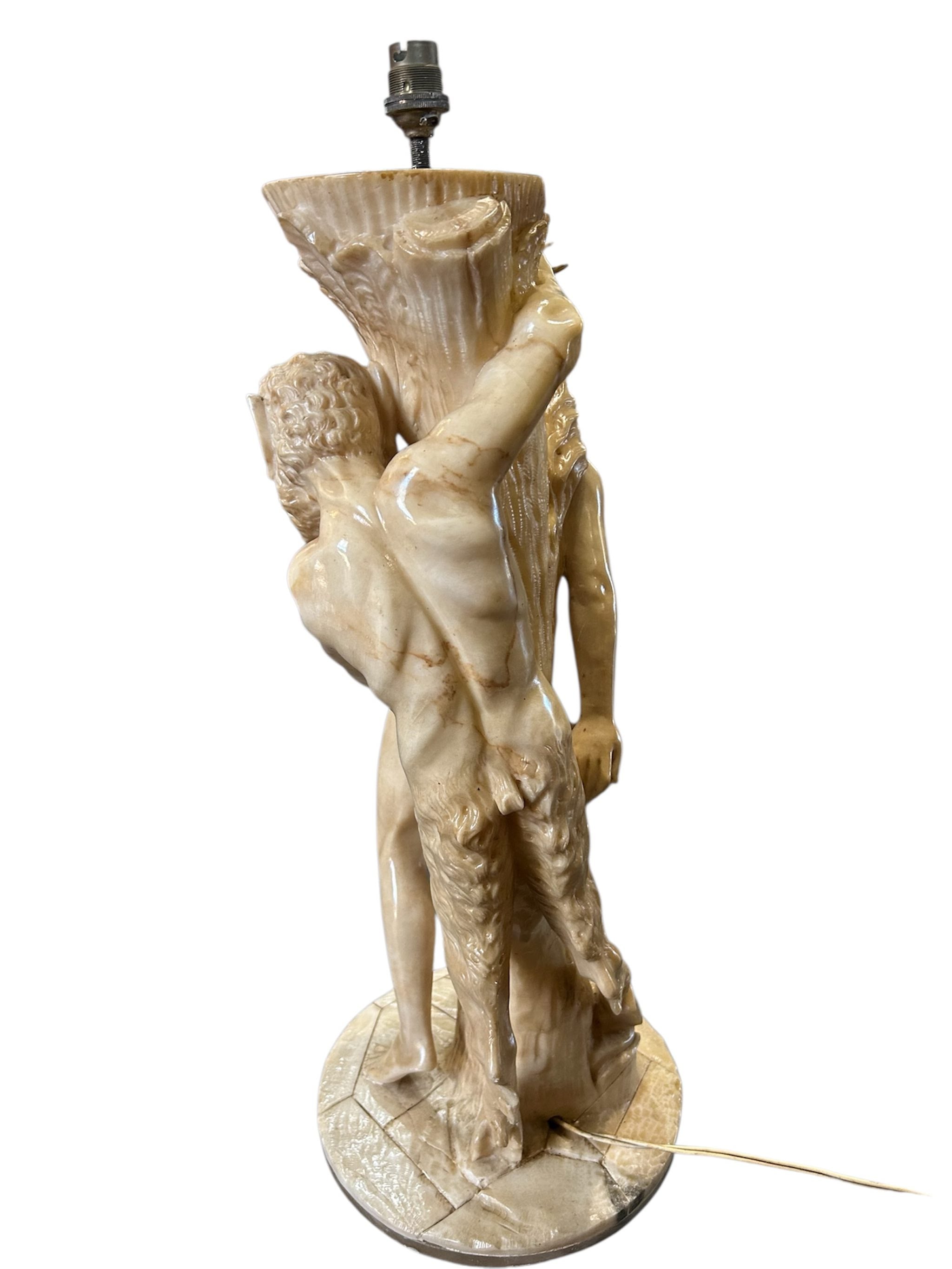 Italian Carved Alabaster Monumental Lamp with Pan and Aphrodite