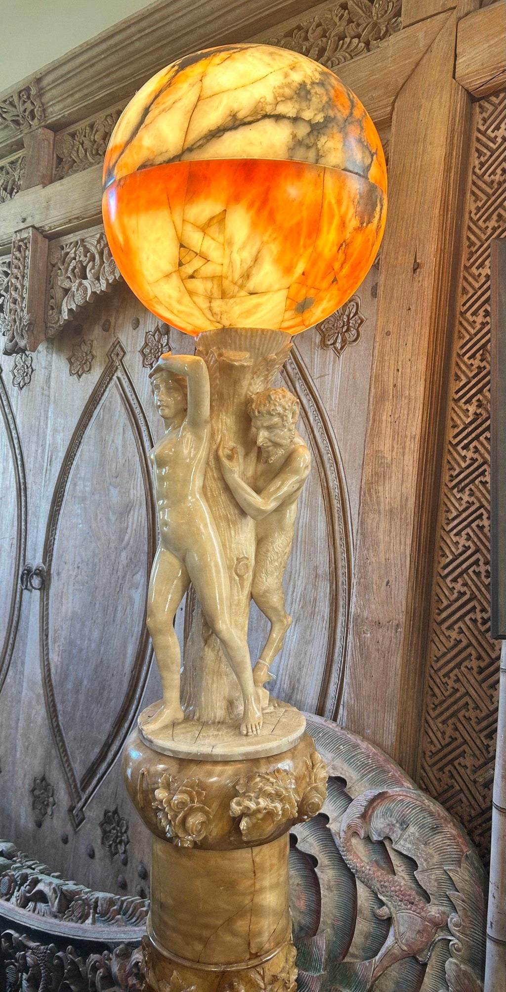 Italian Carved Alabaster Monumental Lamp with Pan and Aphrodite