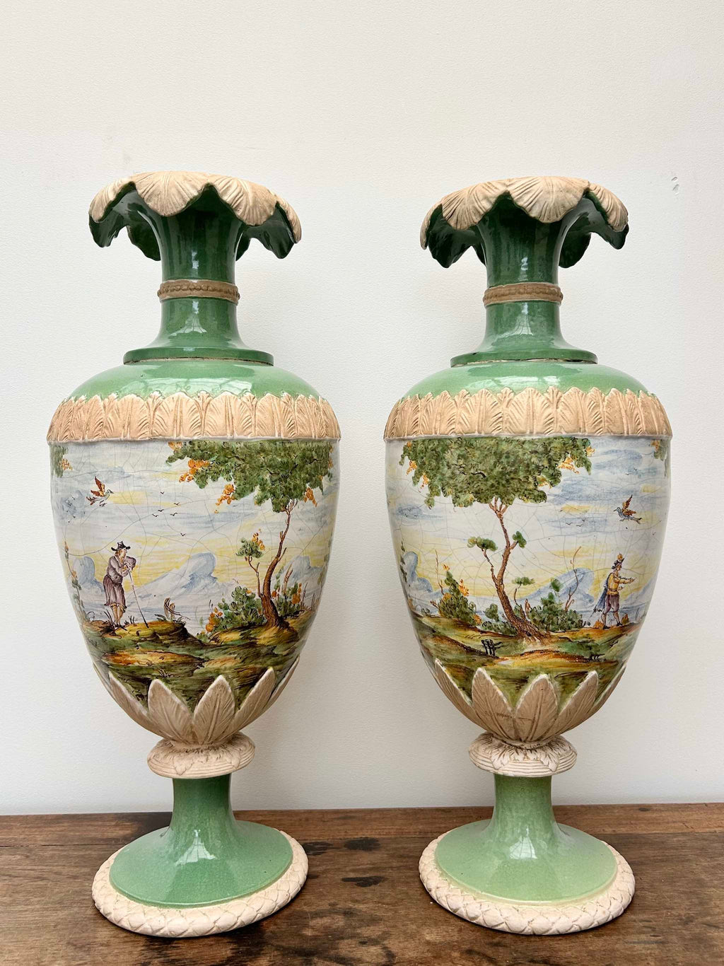 Pair of Large Antique Continental Majolica Vases SOLD