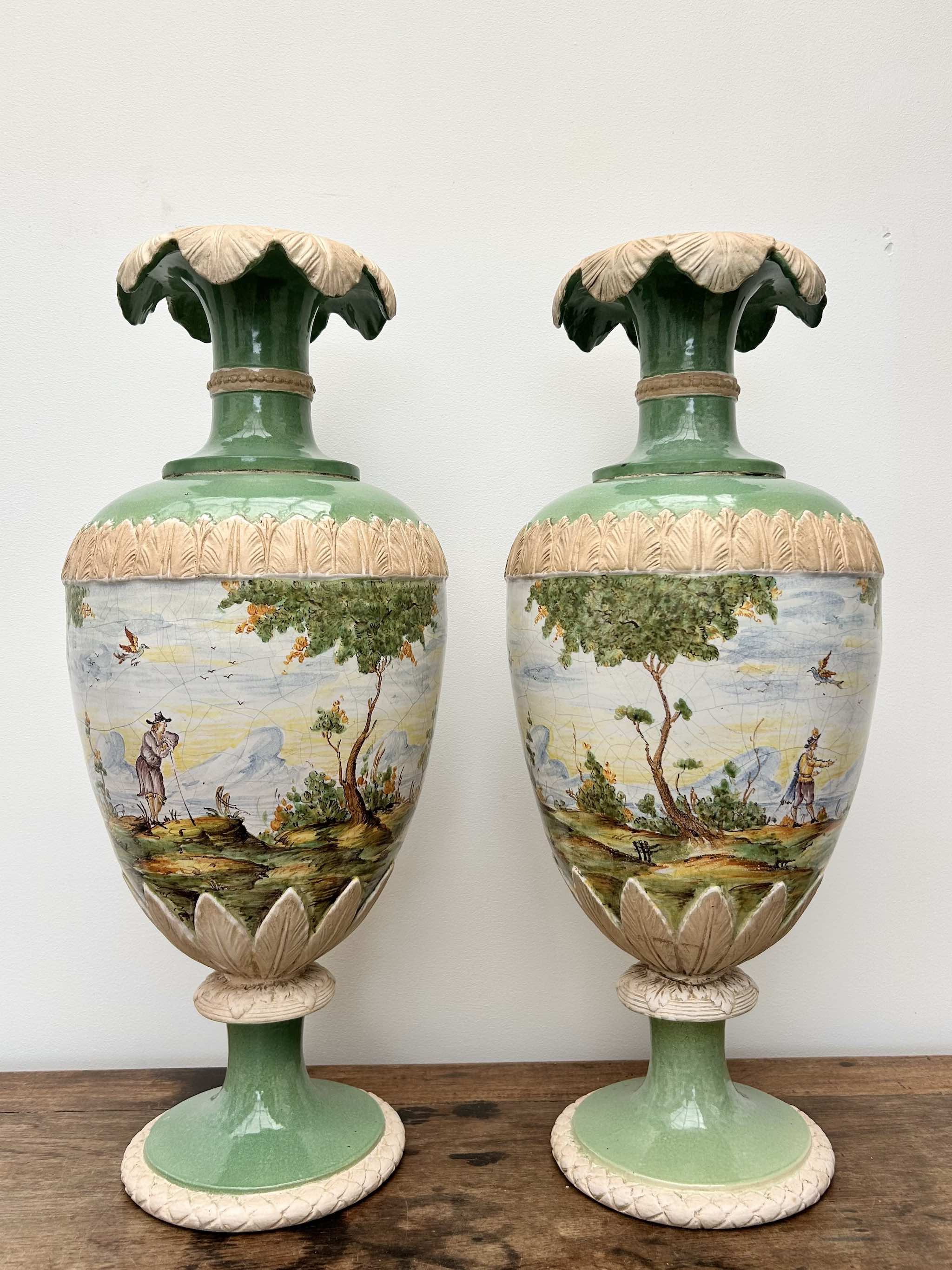 Pair of Large Antique Continental Majolica Vases SOLD