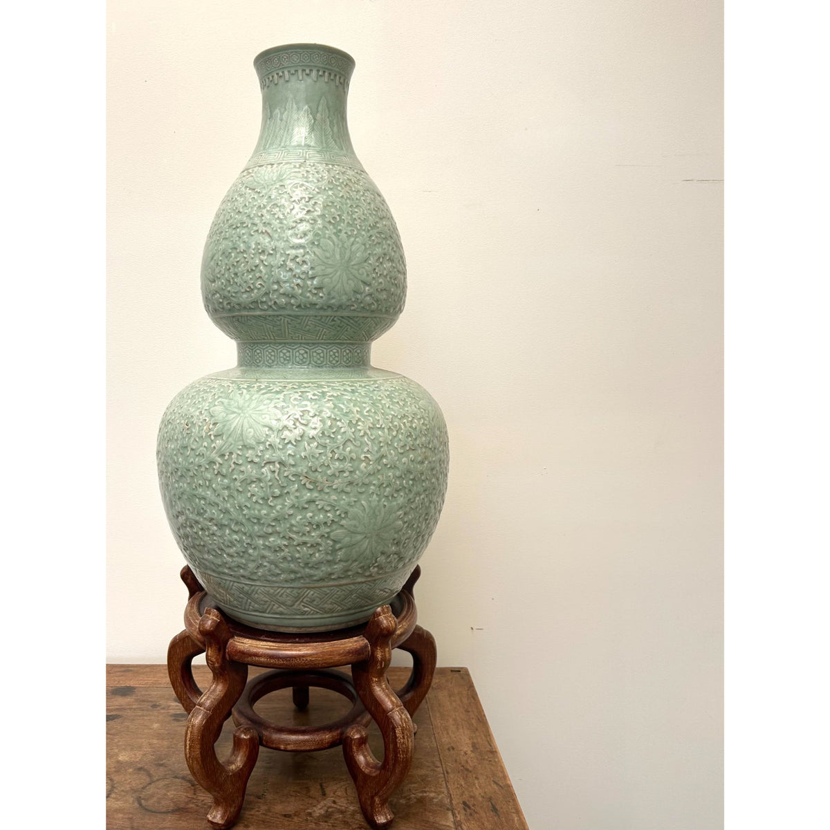 Large Chinese Celadon Double-Gourd Ceramic Vase | Mid-20th Century | Relief Lotus Decoration