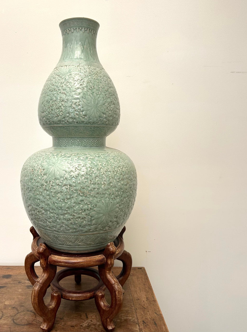 Large Chinese Celadon Double Gourd Ceramic Vase