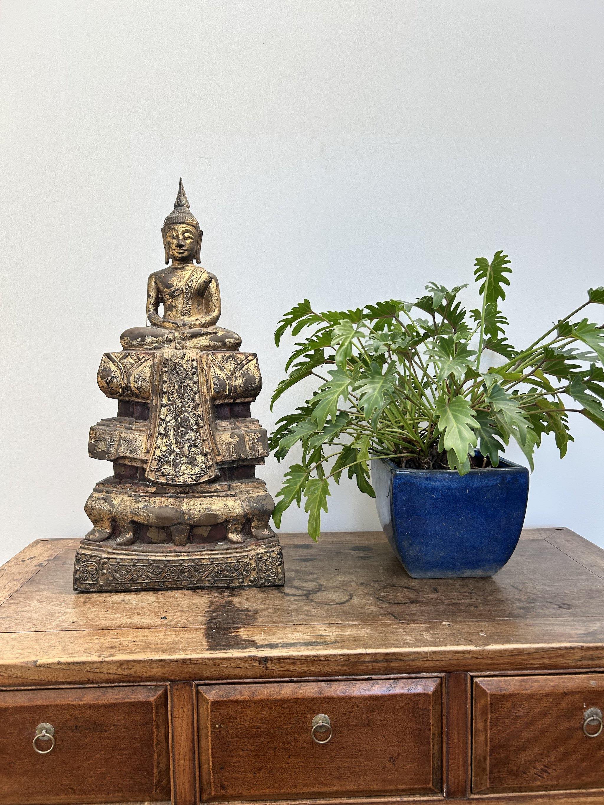 Bronze Buddha statue on a wooden cabinet with a potted plant