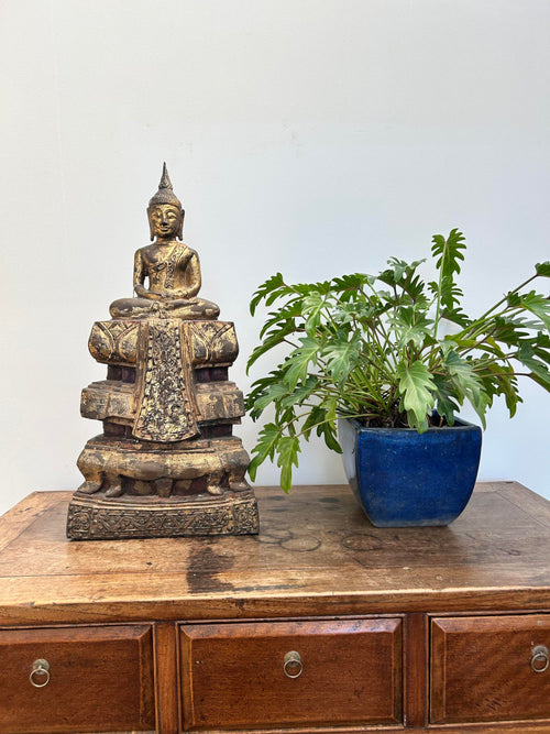 Bronze Buddha statue on a wooden cabinet with a potted plant