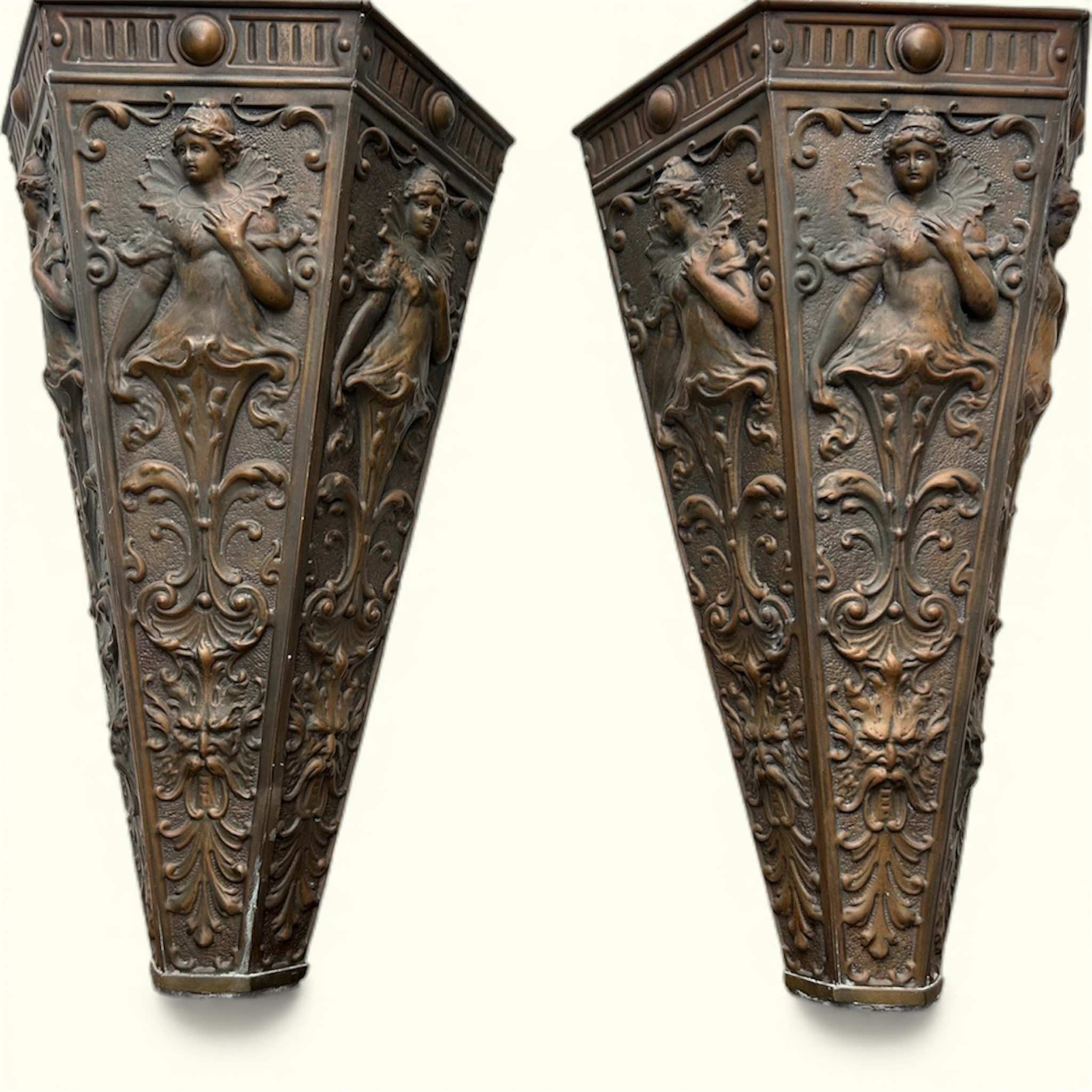 Pair Art Nouveau Repoussé Copper Wall Sconces / Vases / Torcheres