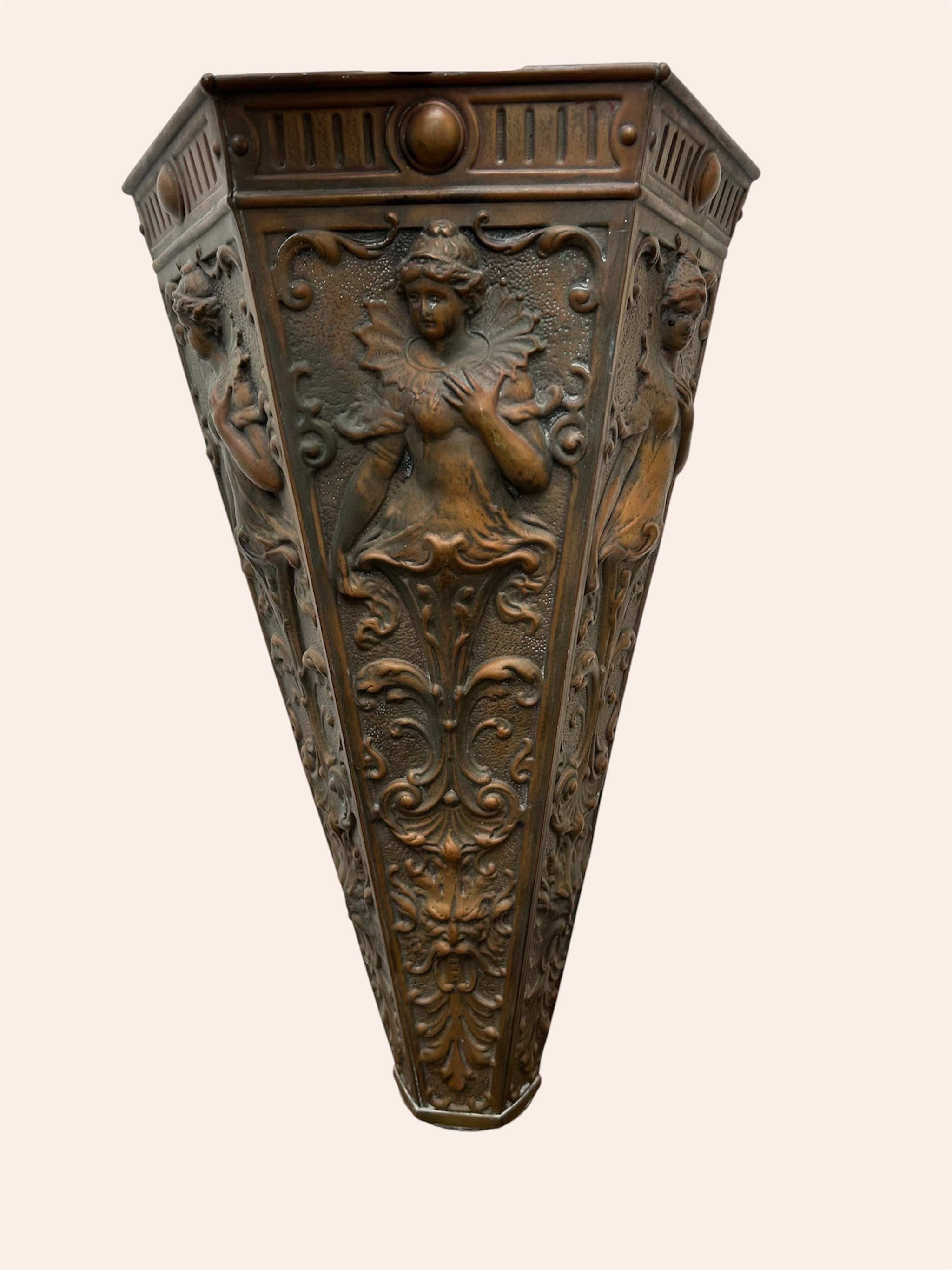 Pair Art Nouveau Repoussé Copper Wall Sconces / Vases / Torcheres