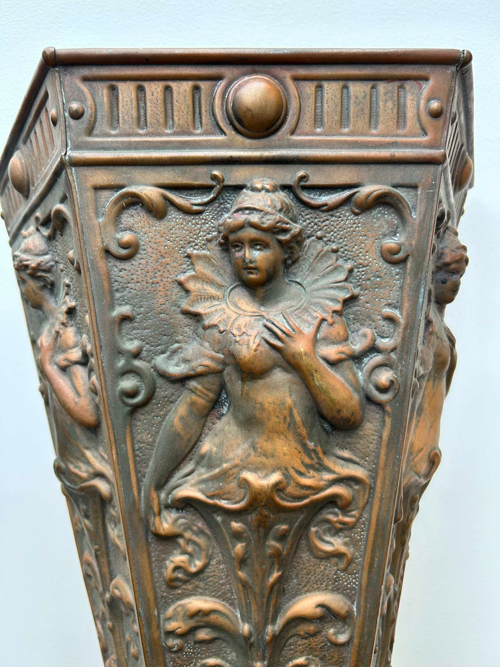 Pair Art Nouveau Repoussé Copper Wall Sconces / Vases / Torcheres