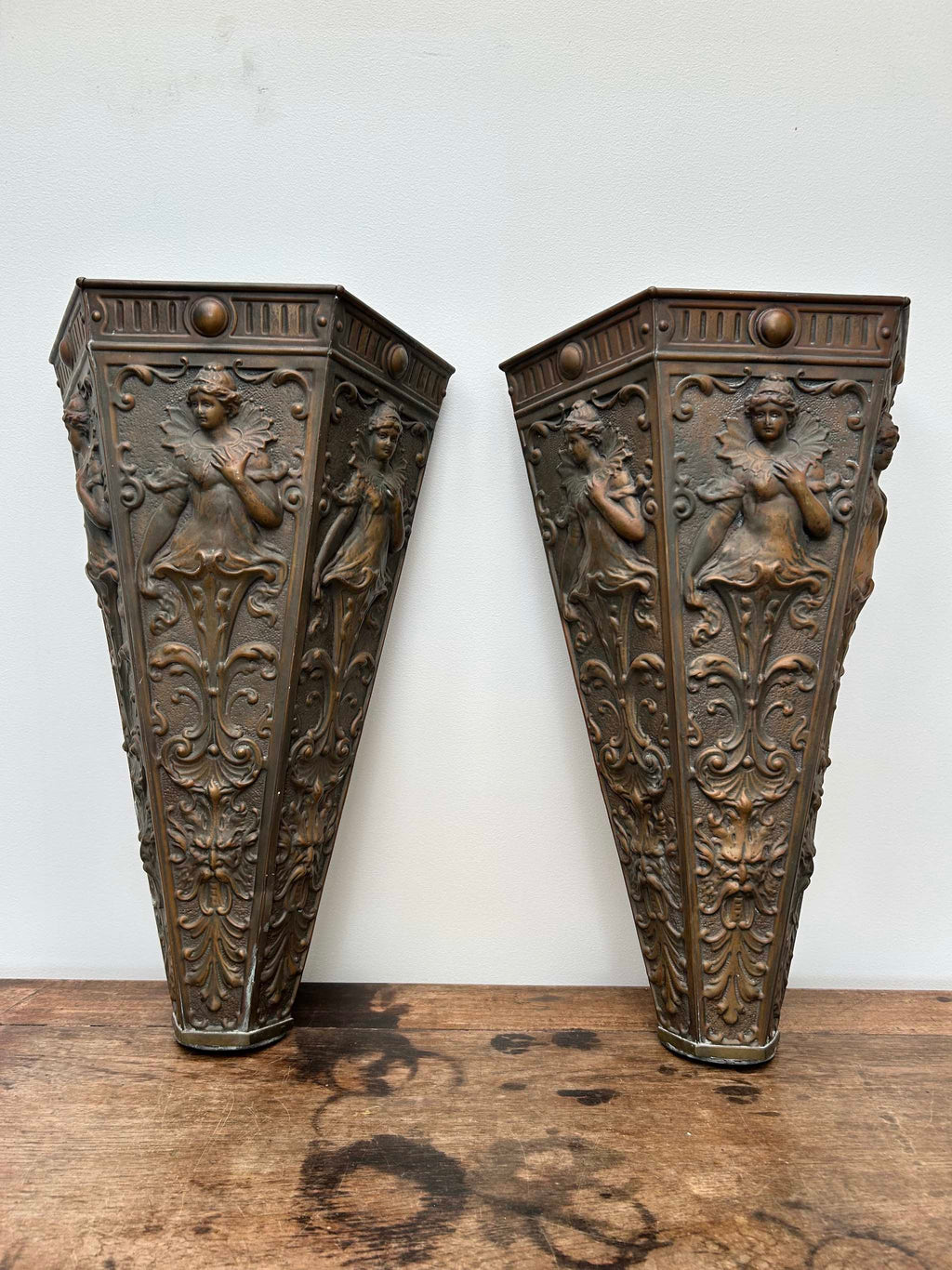 Pair Art Nouveau Repoussé Copper Wall Sconces / Vases / Torcheres