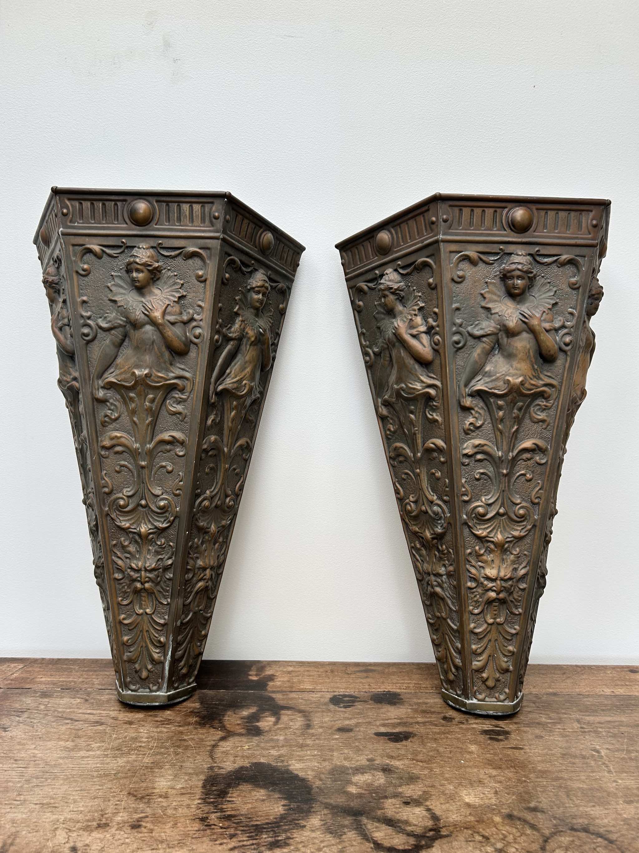 Pair Art Nouveau Repoussé Copper Wall Sconces / Vases / Torcheres