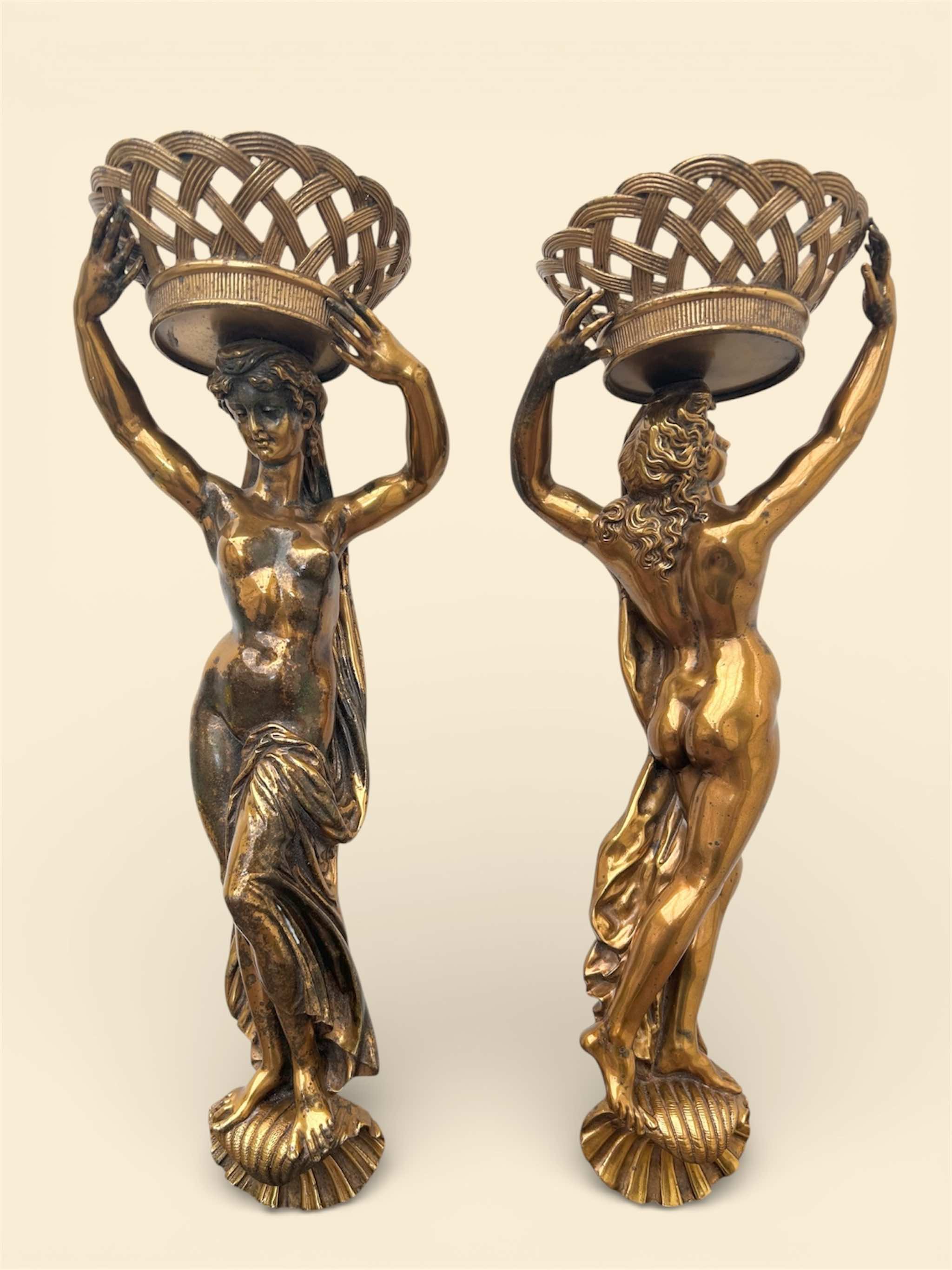 Pair antique Empire style Gilt bronze Female maiden wall sonces