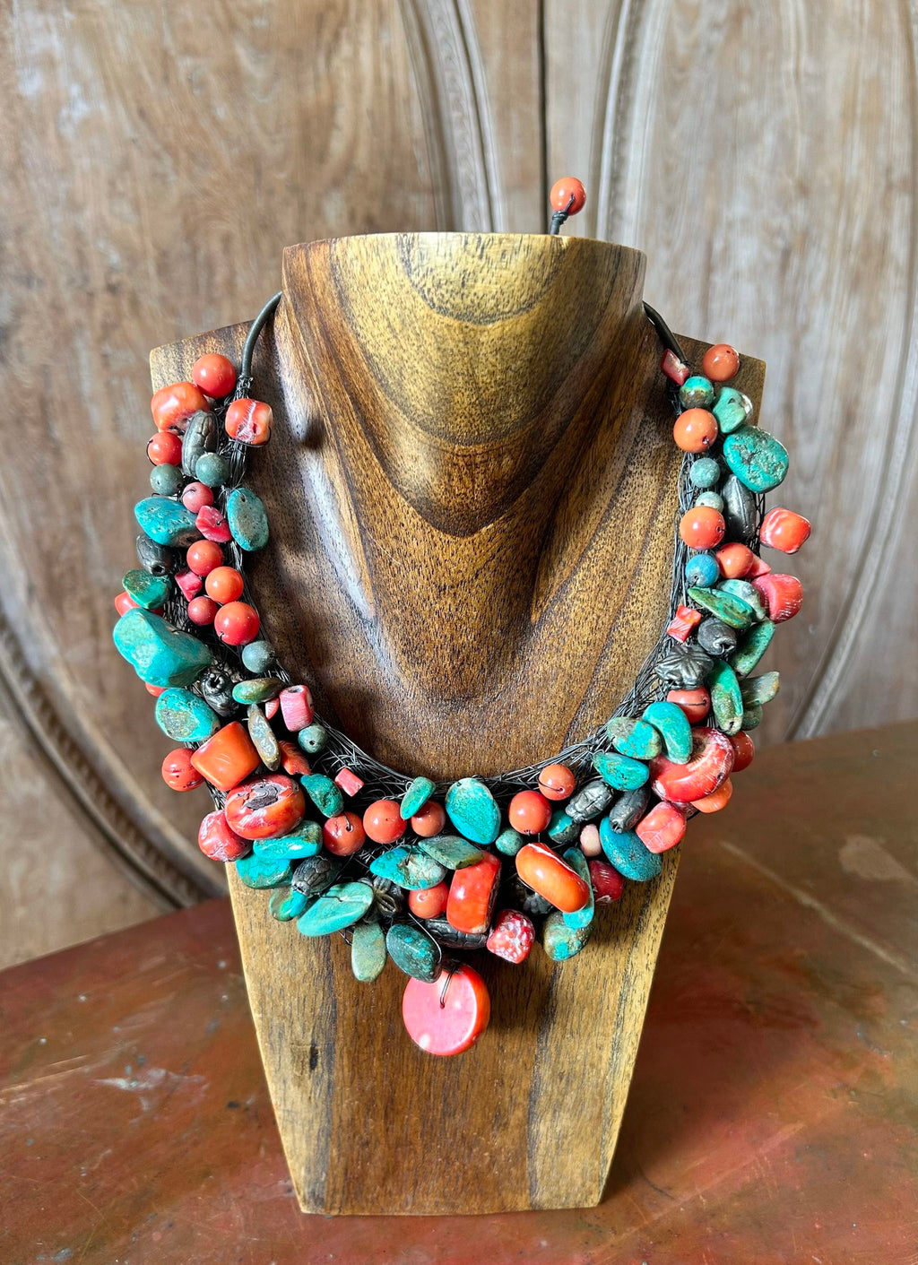 Turquoise, Red coral and Carnelian necklace
