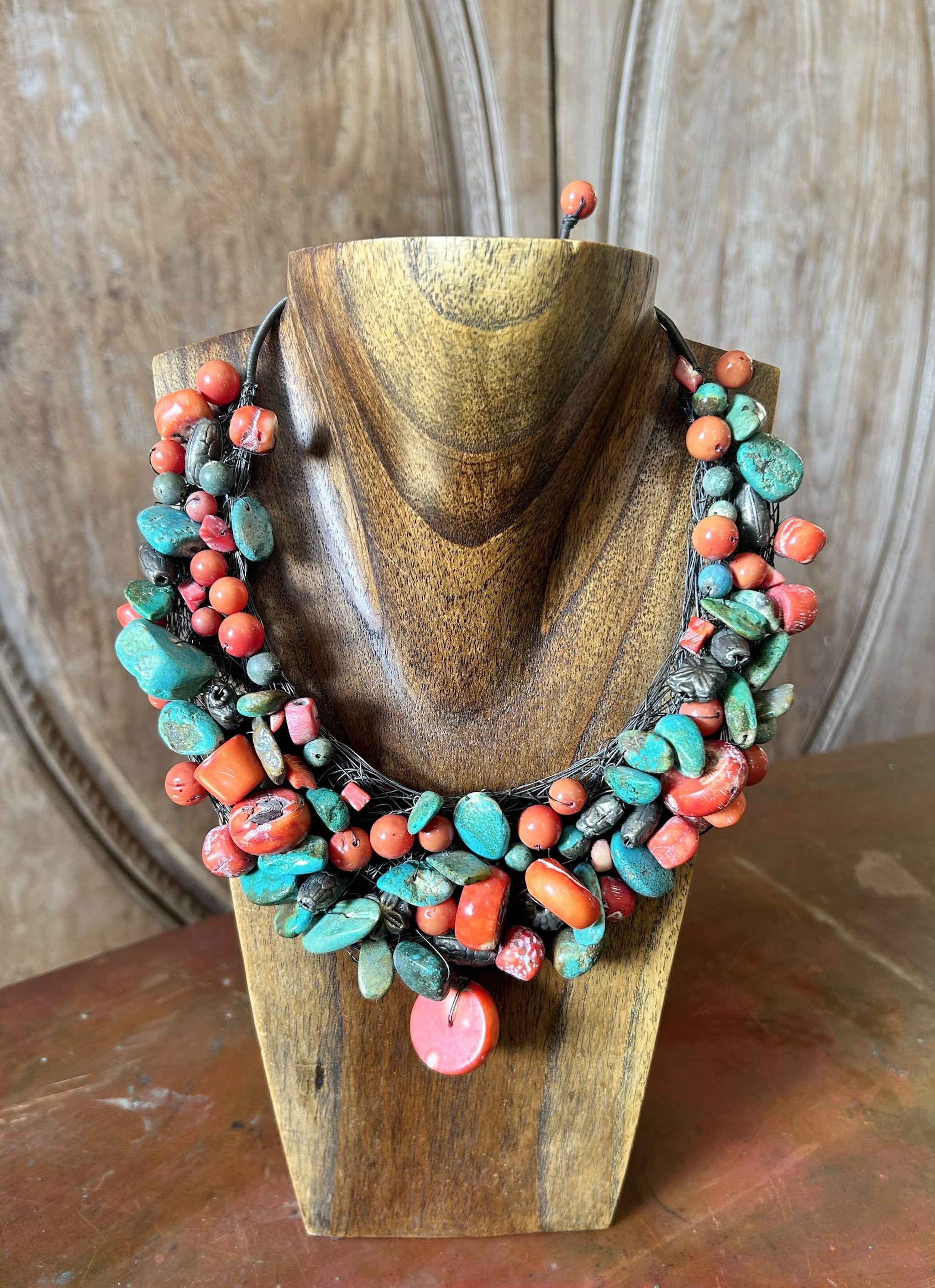 Turquoise, Red coral and Carnelian necklace