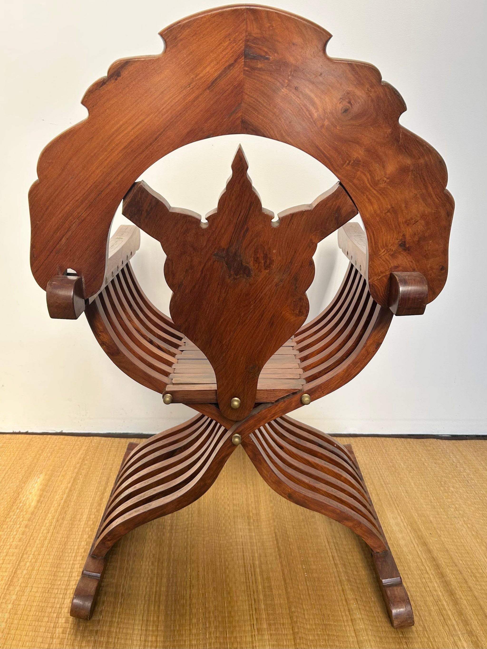 Vintage timber Savonarola Chair with brass inlay